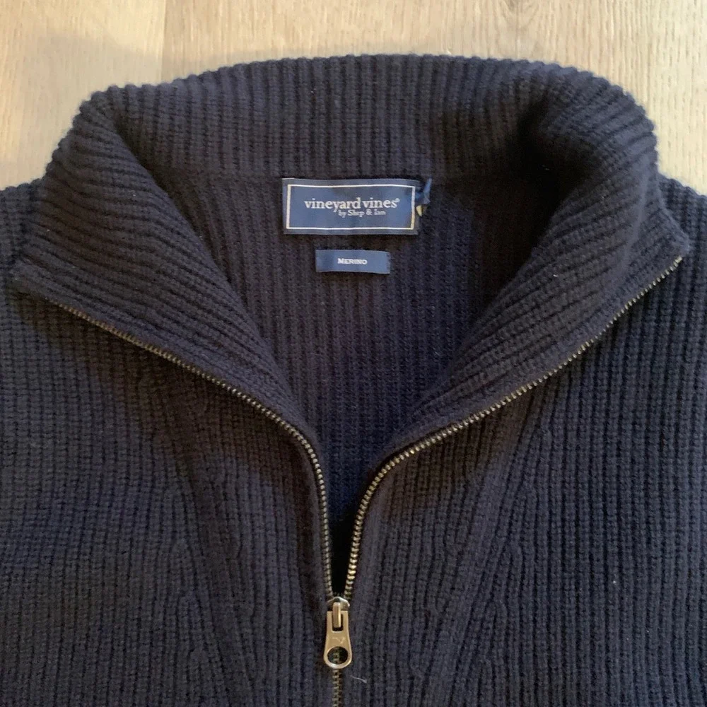 Vineyard Vines Mens L Navy Blue 100% Merino Wool Full Zip Ribbed Knit Sweater